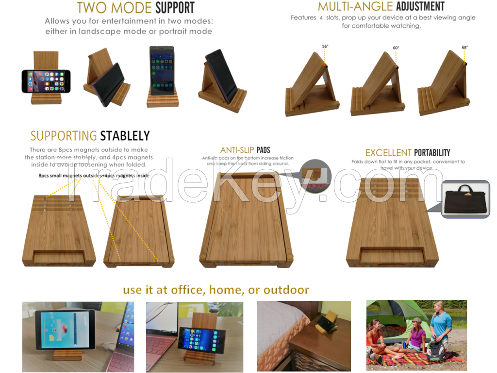 Yisen Handcrafted Natural Bamboo Universal Foldable Multi-angle Holder stand for Cell phone or tablet