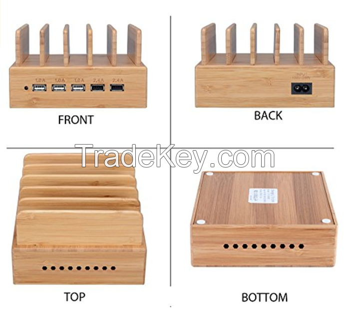 Yisen Wood Bamboo 5 Ports Dock Station for IOS Android Smart Phone and Tablet