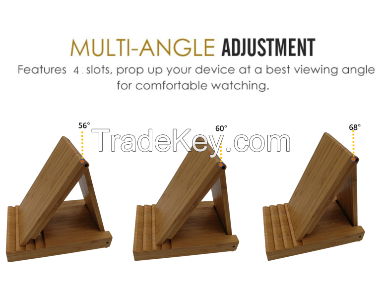 Yisen Handcrafted Natural Bamboo Universal Foldable Multi-angle Holder stand for Cell phone or tablet