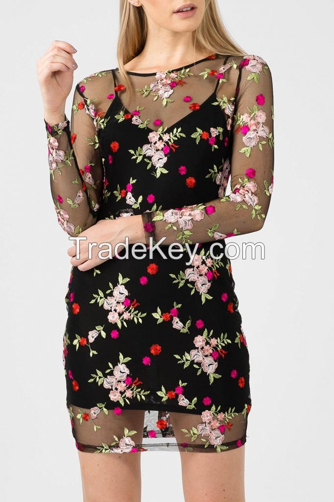 &acirc;Embroidered Floral Mesh Bodycon Dress