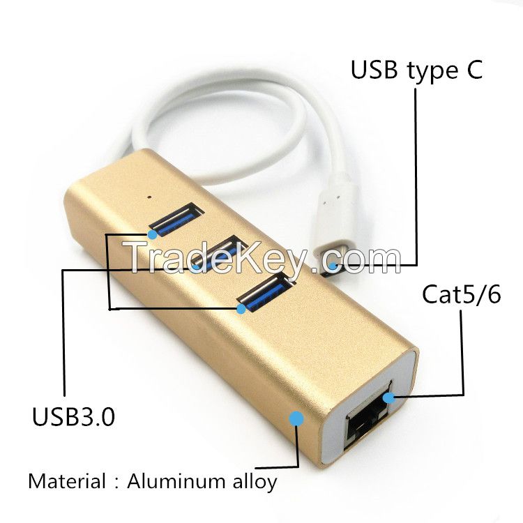 Gold aluminum alloy USB 3.1 RJ45 Cat5/6 type c to 3-port usb 3.0 hub for macbook