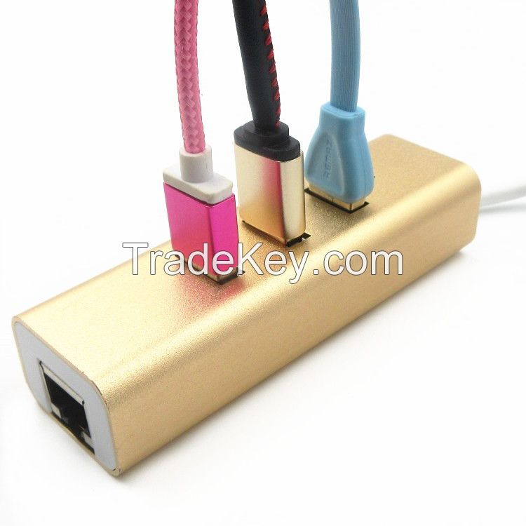 Gold aluminum alloy USB 3.1 RJ45 Cat5/6 type c to 3-port usb 3.0 hub for macbook