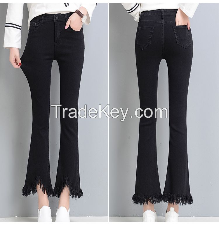 2017 Boutique Slim Slim Waist Irregular Burr Tassel Thin Weila Pants Nine Female Jeans