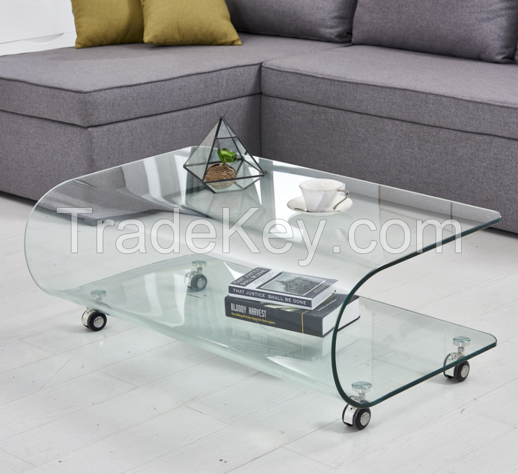 Living Roon Furniture U Shaped Center Curved Glass Table with Wheels