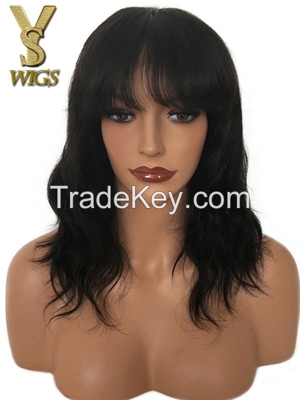 YSwigs Short Wavy Glueless Lace Front Human Hair Wigs With Bangs