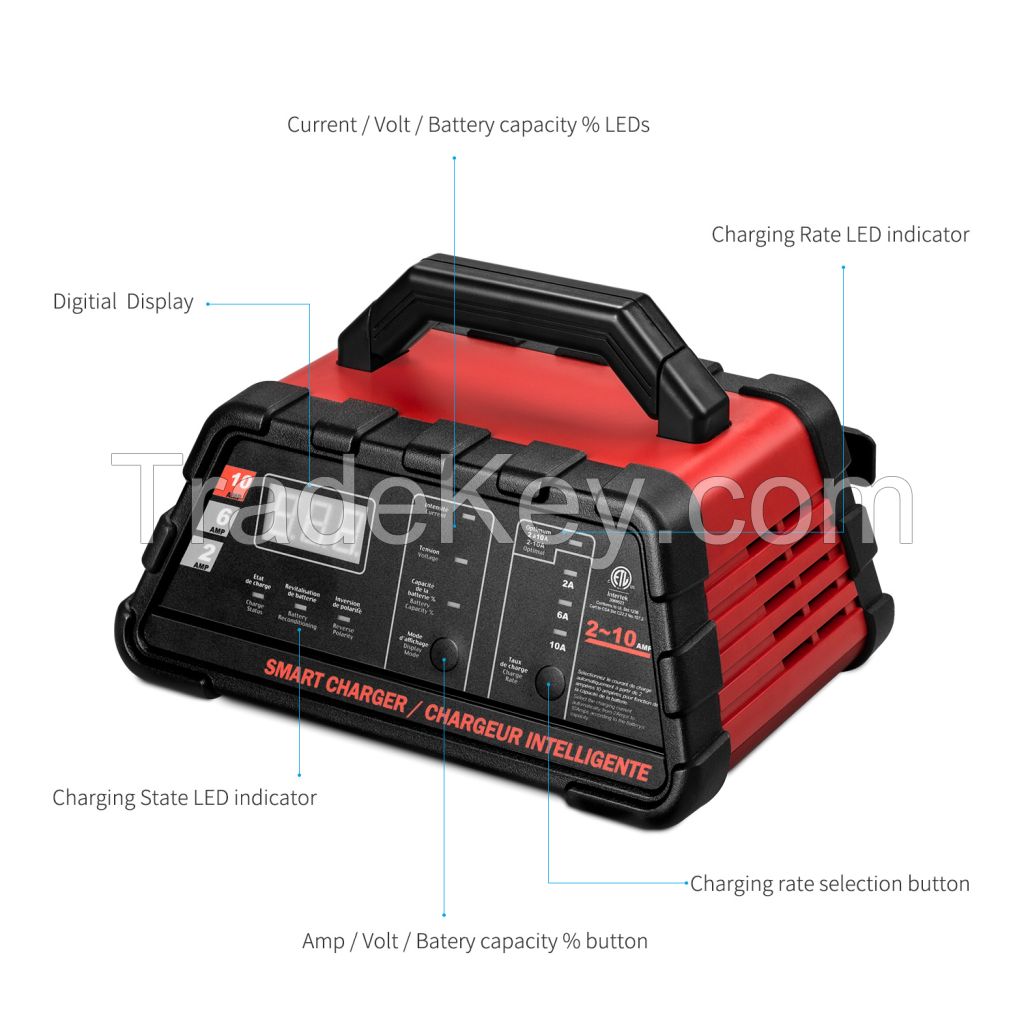 10A Car  Battery Charger for 12V Lead-acid Battery Charging with Digital Display