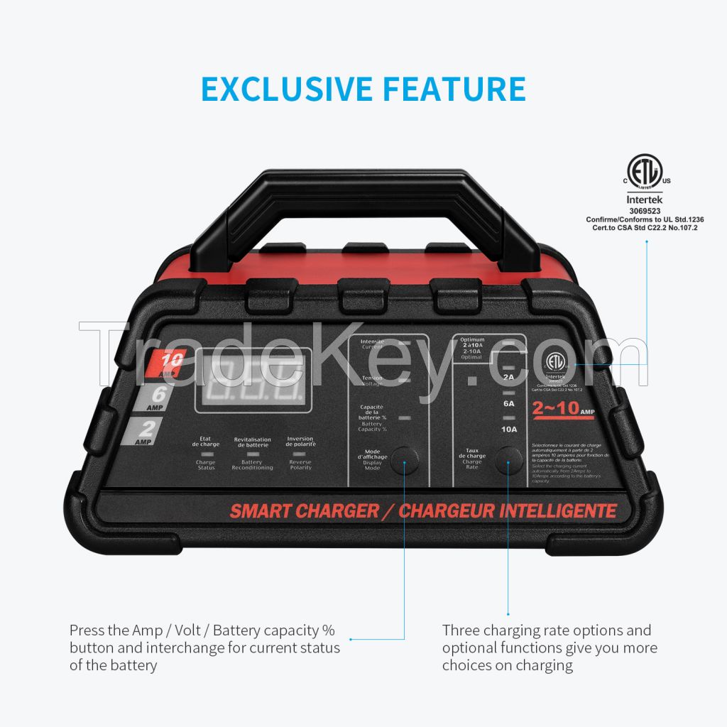 10A Car  Battery Charger for 12V Lead-acid Battery Charging with Digital Display