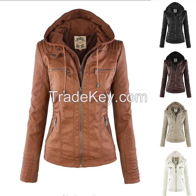 NEW Women Fashion Leather Hooded Lapel Pockets Top Blouse Jacket Overcoat Coat