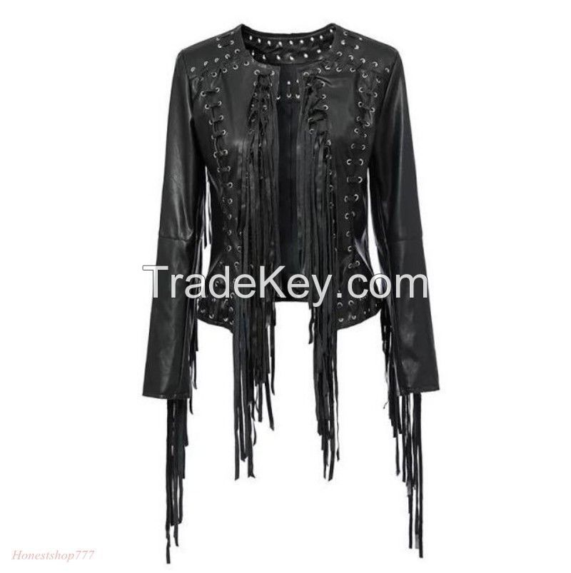 New Women's Motor Biker Tassel Fring Jacket Cowhide Leather Slim Fit Short Coat