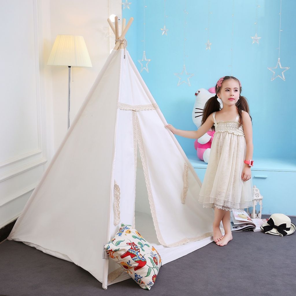 Children play indian teepee tent100%cotton canvas wooden play house ki