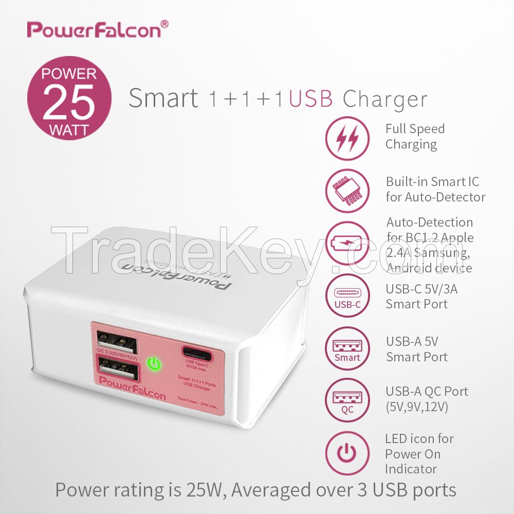 Powerfalcon 25W Smart 1+1(USB-C)+1(QC2.0) port Charger/Foldable