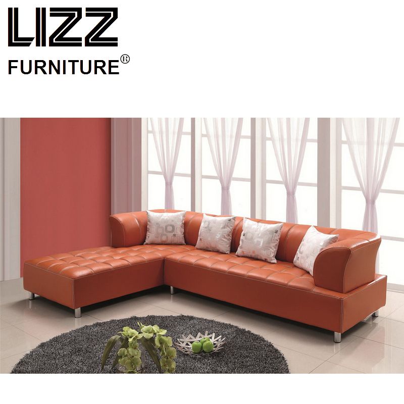 Modern Living Room L Shape Sectional Orange Leather Sofa