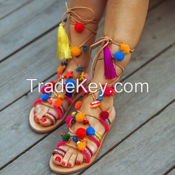 Handmade Leather Knee-High Gladiator Sandals High Quality Ash Woman Gypsy Boho Leather Sandals