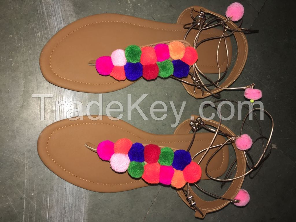 Handmade Classic Beautiful Flat Colorful Pompom Sandal