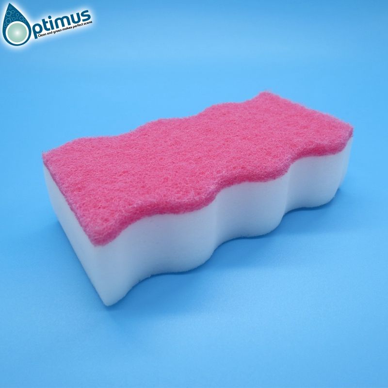 Wave shaped melamine sponge composite with colorful scouring pad