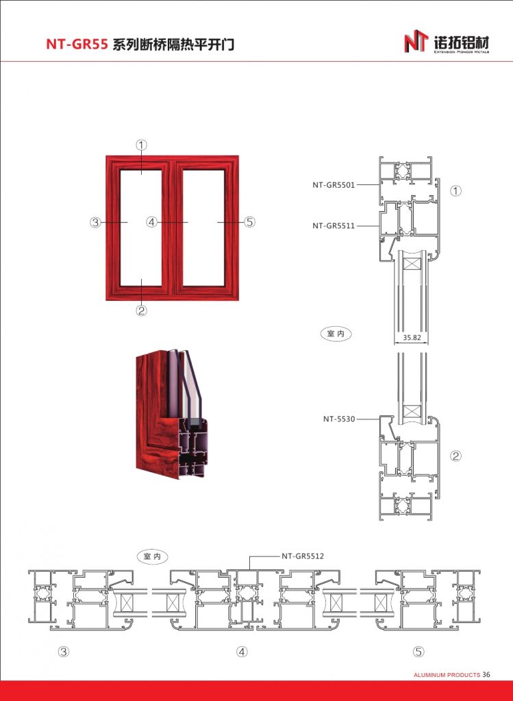 Aluminium profiles section for casement windows and doors