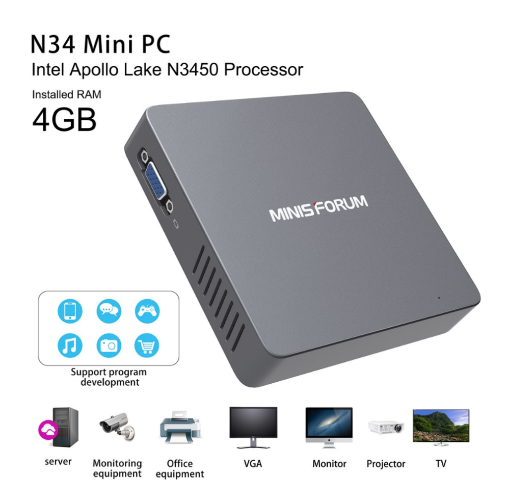 Mini Computer N34 Fanless Mini PC, Windows 10 Pro 64-Bit/ 4GB/64GB, Support M.2 SSD, Intel Celeron N3450 (up to 2.2 GHz) HD Graphics 500, 4K/ 1000M LAN/ 2.4G+5.8G WiFi/ BT 4.0 [Dual Output - HDMI&amp;amp;VGA]