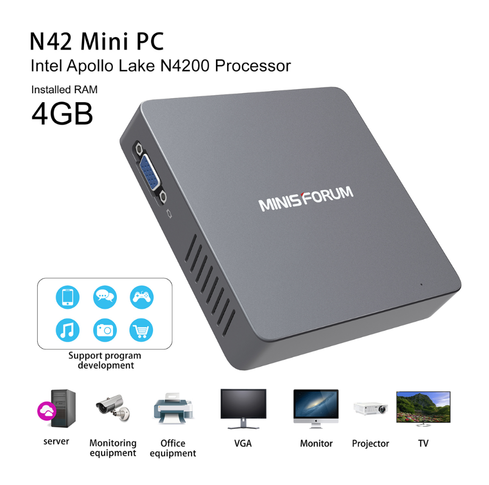 Mini Computer N42 DIY SSD Mini PC Intel Apollo Lake Pentium N4200 Processor (2M Cache, up to 2.5 GHz) 4GB/64GB 1000Mbps LAN HD 2.4/5.8G WiFi Bluetooth 4.0 Support Windows 10 Pro and Linux OS with HDMI &amp;amp; VGA Outputs