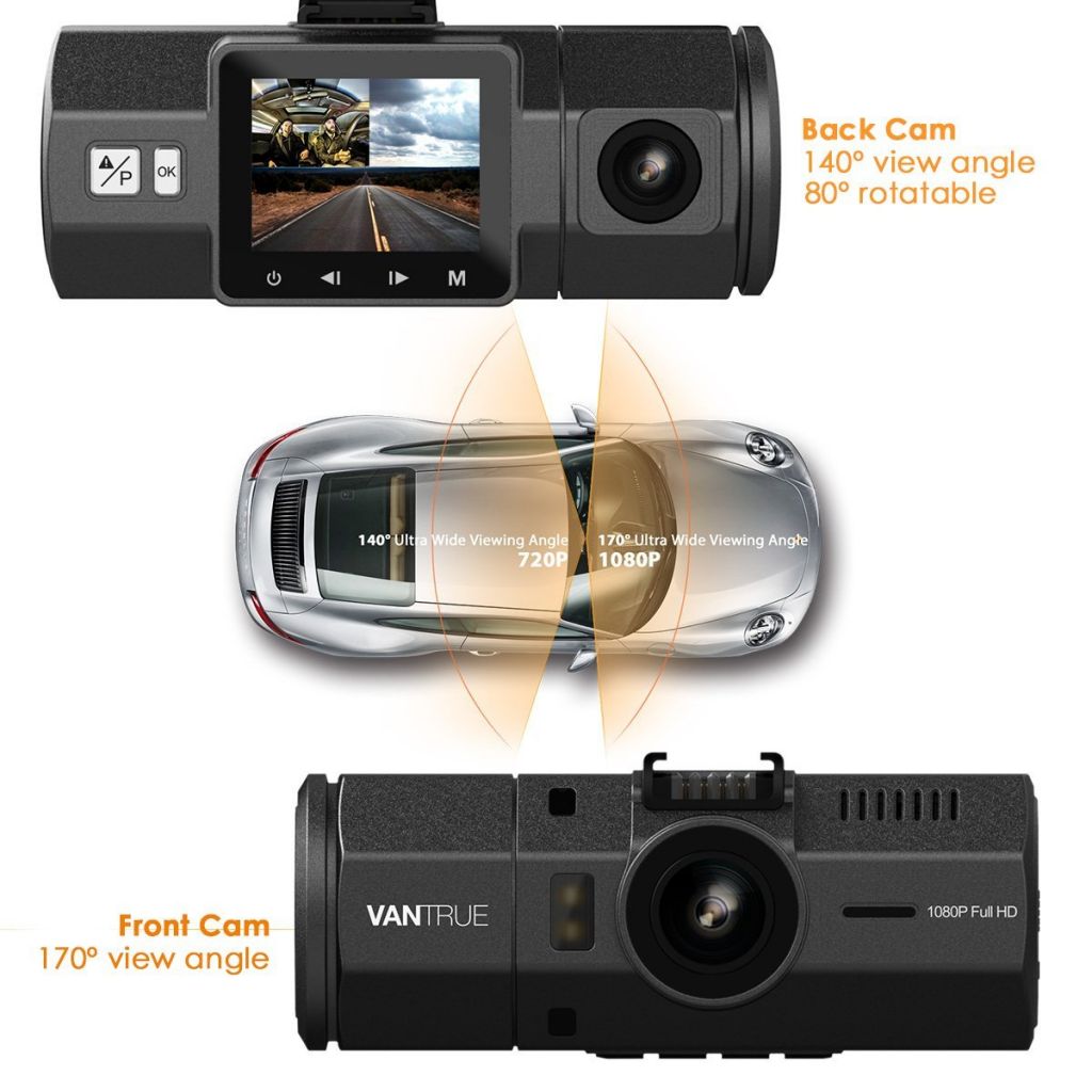 Vantrue N2 Dual Dash Cam-1080P Front and Rear Dual Lens Dash Camera 1.5" Near 360 deg Wide Angle Car Dashboard Camera Video Recorder w/ Parking Mode, Motion Detection, Front Camera Night Vision Effects