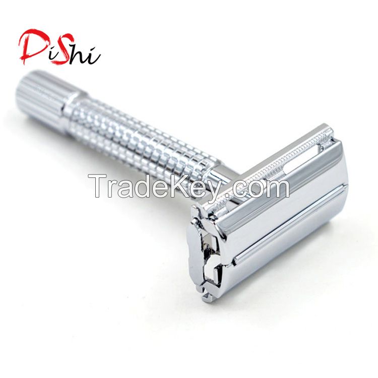 DISHI Long Handle Barber Pole Safety Razor,Double Edge Safety Razor Lined Chrome,Shaving Classic Collection Razor 175S Stainless