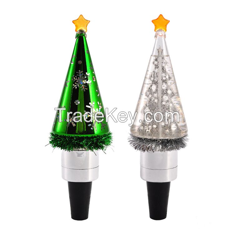 Bottle stopper laser engraving snowflake green Christmas tree /acrylic tree inside water globe light led wine stopper