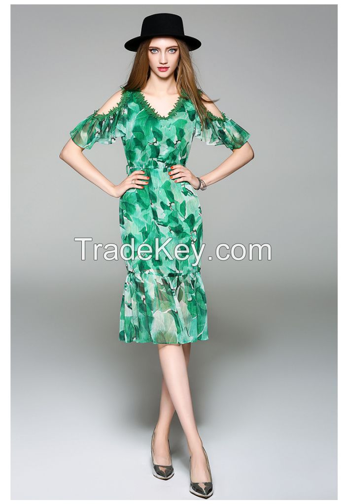 moozoi green v neck real silk short sleeve dress