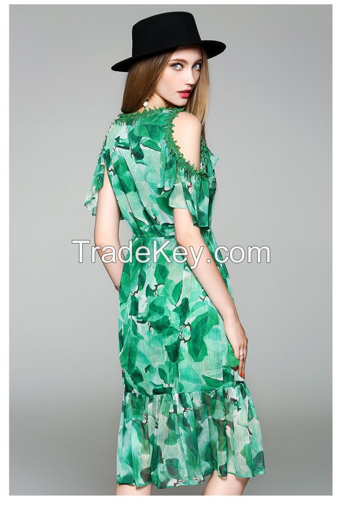 moozoi green v neck real silk short sleeve dress