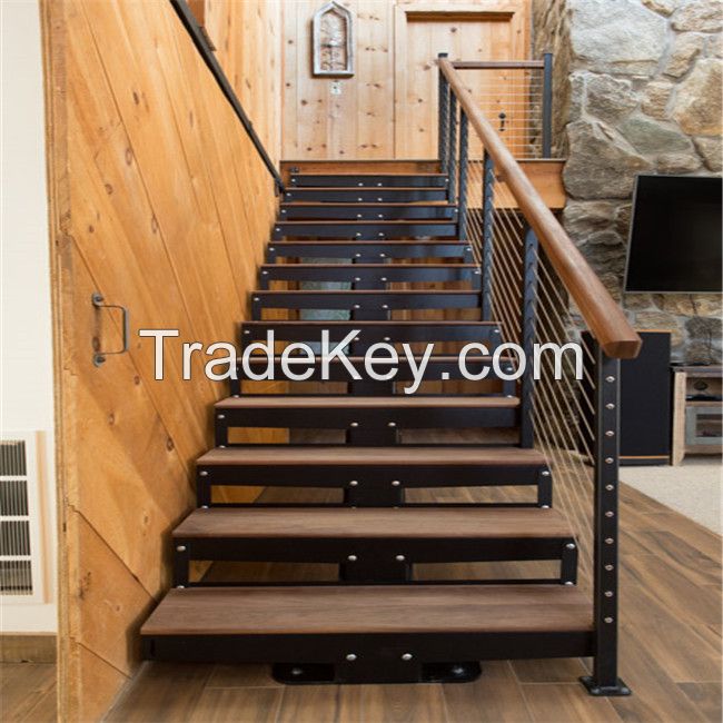 Straight Mild Steel Glass Modern Floating Staircase Prefab Steel Wood Straight Staircase