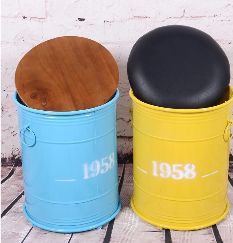 Fashion Retro England Style Iron Art Barrel Stool With PU Cushion With Large Storage Space For Bedroom/ Salon/ Restaurant/ Bar / Cafe  