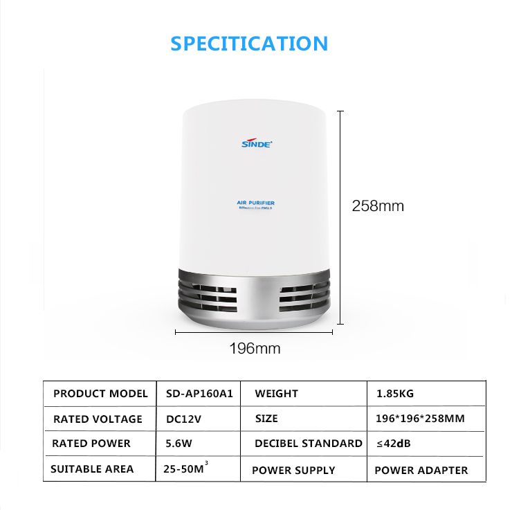 SINDE New Design Ultra-quiet Silent Indoor home Air Purifier for Room office air cleaner