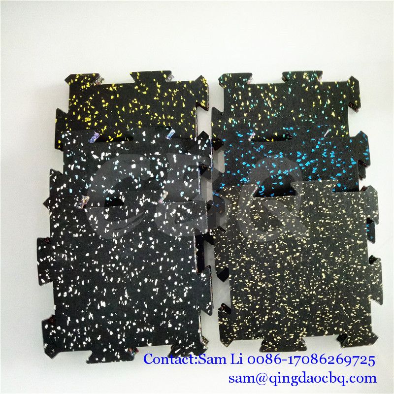 CBQ-IK03, Interlocking gym rubber flooring good anti-slips shockproof and sound reduce colorful EPDM flecks rubber tiles