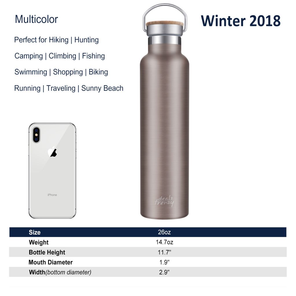 Insulated Water Bottle - Double  Wall Stainless Steel Vacuum Thermoses Flask with lid-Hot Cold Drinks, Bamboo Cap Coffee Cups, BPA Free, Black Friday 26 oz