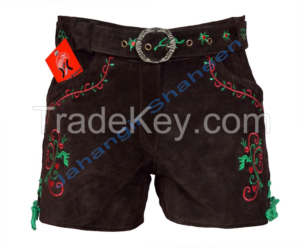 Oktoberfest Bavarian Ladies Leather Shorts Trachtenmode Dark Brown Damen Lederhosen Leder Kurz