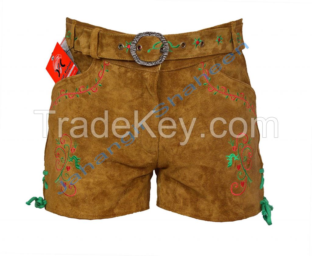 Oktoberfest Bavarian Split Leather Shorts Trachtenmode Olive Damen Lederhosen Leder Kurz