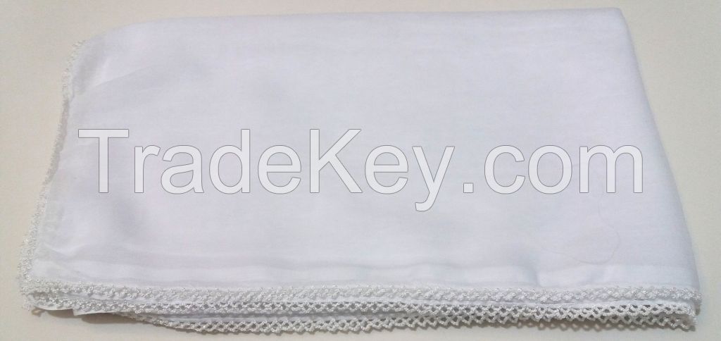 Hundred Percent Cotton Head Cover Scarf with Lace, 90 cm x 150 cm, White