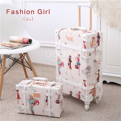 12&quot; 20&quot; 26&quot; 3PCS Set Fashion Girl Retro Rolling Luggage Bagages PU Suitcase Trunk Vintage Luggage