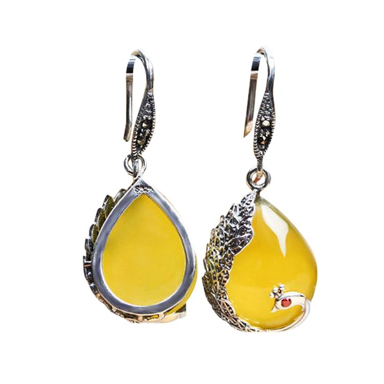 Thai Sterling Silver Yellow Chalcedony Drop Retro Earrings (E170619YELLOW)