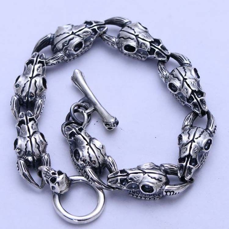 925 Sterling Silver Sheep Skull Retro Men Bangle Bracelet (XH056067W)