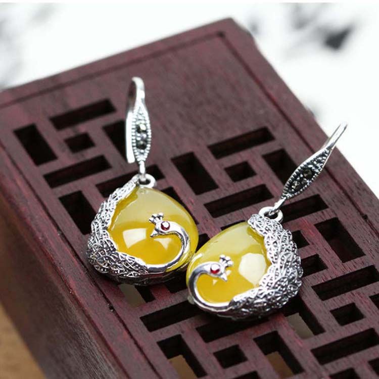 Thai Sterling Silver Yellow Chalcedony Drop Retro Earrings (E170619YELLOW)