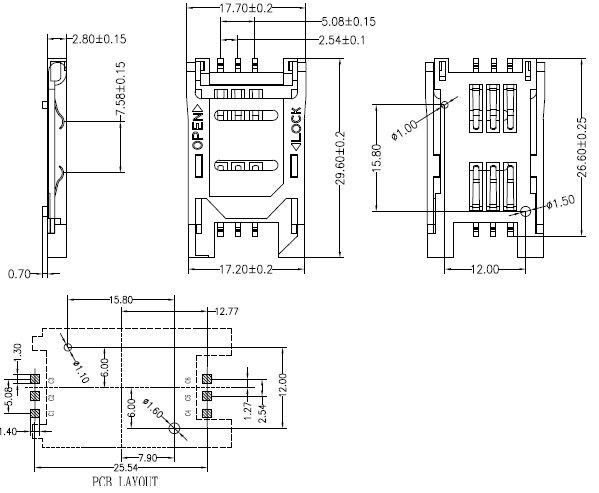 SIM Card Connector - SIM Card Holder SMT Type 6P - With Post / Without Post - No.0768-6P-1(2)