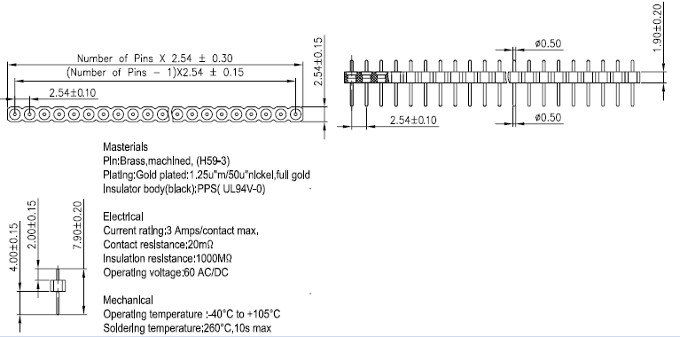 2.54 Machine Pin header - Round pin H1.9 L7.9 Pin top 0.5 Straight Single row - No.Y03610-1S-DIP-1.9