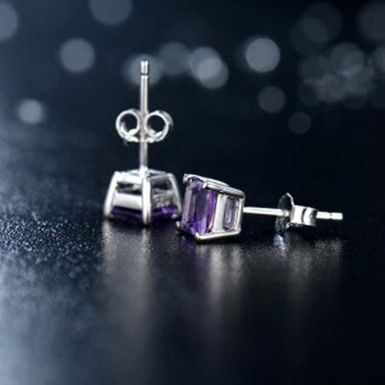 White Gold Princess Amethyst Stud Earrings Women Fine Jewelry (KE003PURPLE)