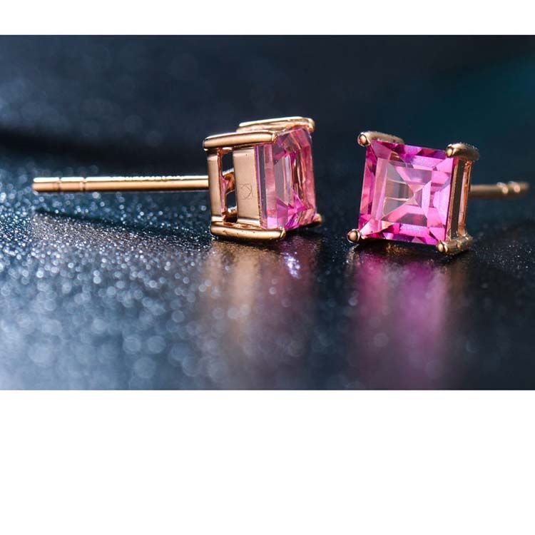 Rose Gold Princess Ruby Stud Earrings Women Fine Jewelry (KE003PINK)