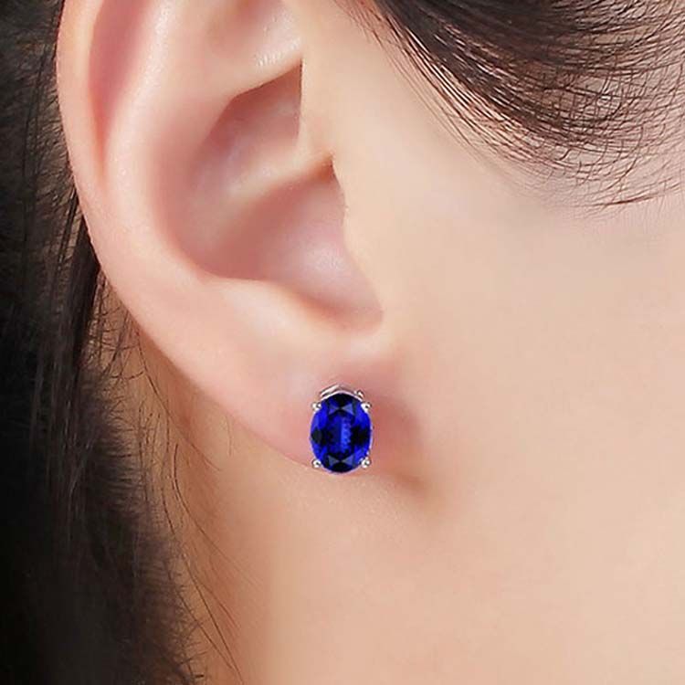 White Gold Oval Tanzanite Gem Stud Earrings for Women Wedding Jewelry ( KE002WHITE)