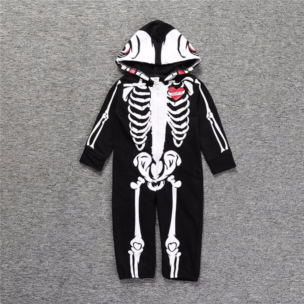 Fashion Halloween Suit Infant Baby Boys Hooded Skeleton Skull Printing Romper Long Sleeve Black Zipper Clothes Costume Boys Hooded