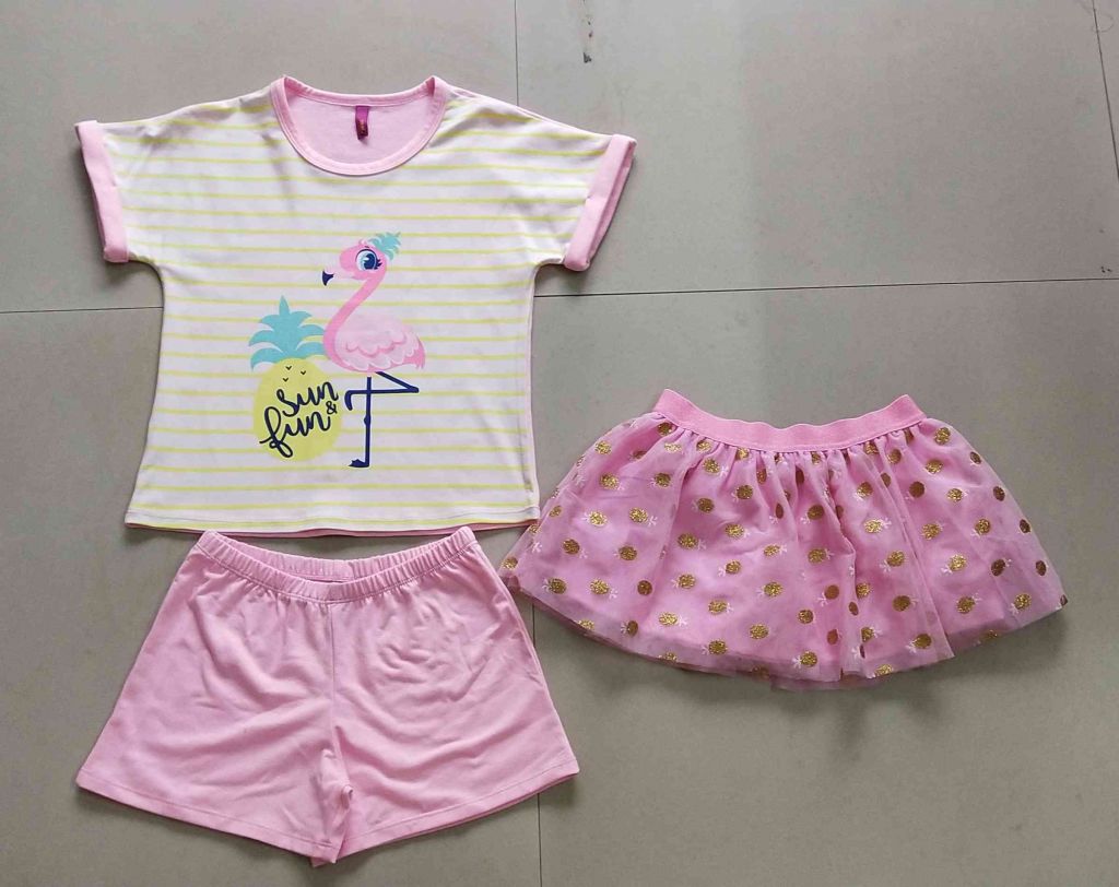 Viscose Spandex And Meshed Girls Fantacy Dress 3-pcs Set Flamingo Design Shortdolls