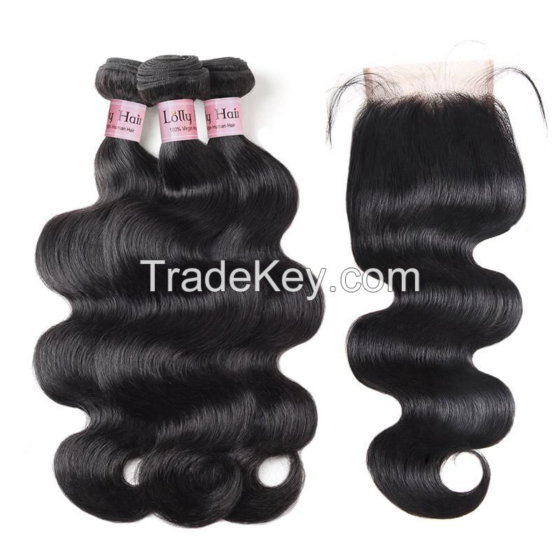 LollyHair 9A Brazilian Virgin Hair Weave Bundles Deals Body Wave Human Hair Extensions 300g with 4*4 Lace Closure Hair