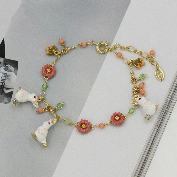 Vintage enamel jewelry flower bracelet with rabbit charm