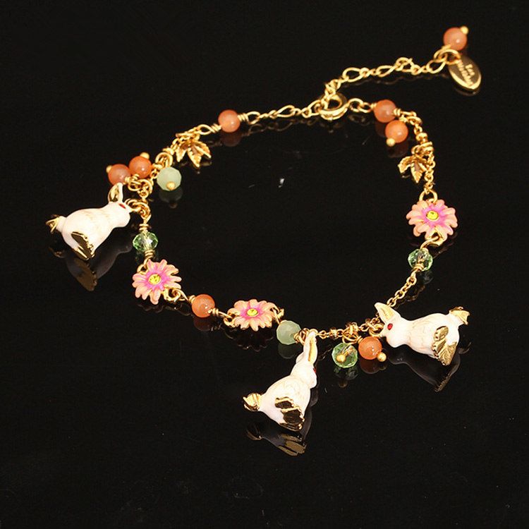 Vintage enamel jewelry flower bracelet with rabbit charm