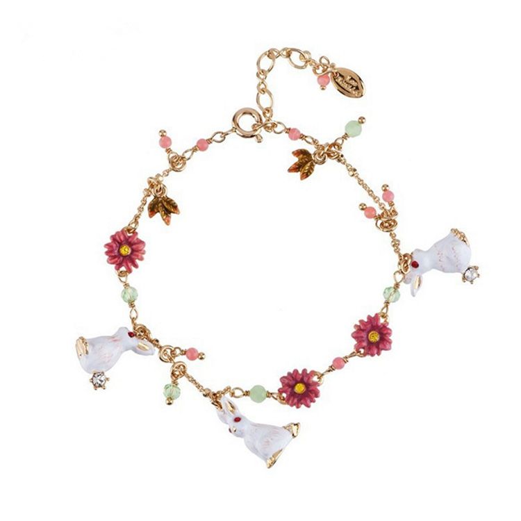 Vintage Enamel Jewelry Flower Bracelet With Rabbit Charm